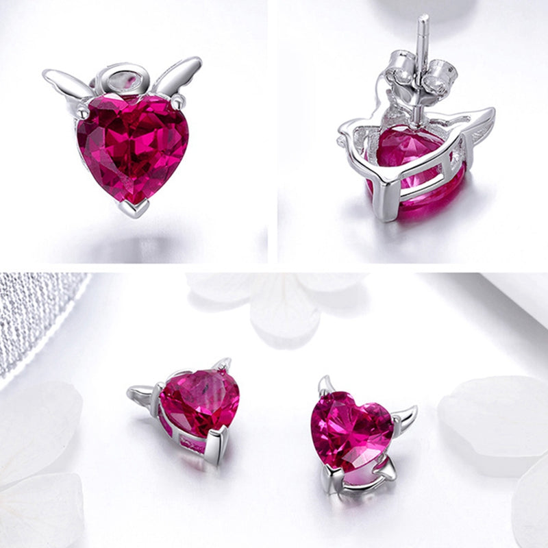 S925 Silver Heart Earrings with Angel and Devil Design