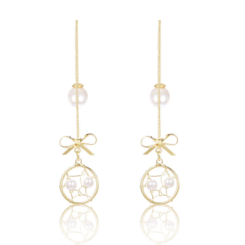 925 Silver Bow Earrings with Pearl Heart and Tassels