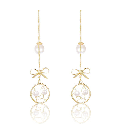 925 Silver Bow Earrings with Pearl Heart and Tassels