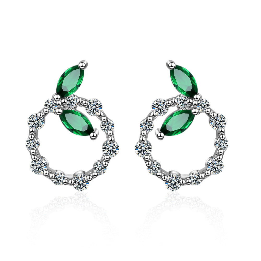 Green Leaf Earrings with Diamond Accents (Korean Style)