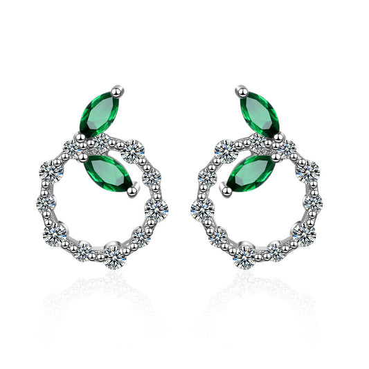 Green Leaf Earrings with Diamond Accents (Korean Style)