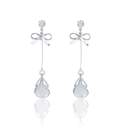 925 Silver Bow Earrings with Pearl Heart and Tassels